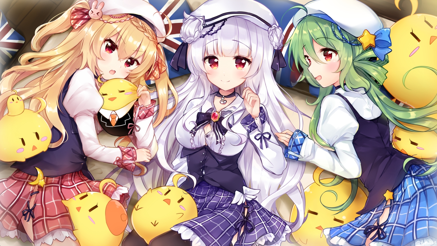 anthropomorphism, azur_lane, blonde_hair, braids, breasts, cleavage, comet_(azur_lane), crescent_(azur_lane), cygnet_(azur_lane), fukunoki_tokuwa, green_hair, hat, long_hair, manjuu_(azur_lane), red_eyes, skirt, thighhighs, white_hair