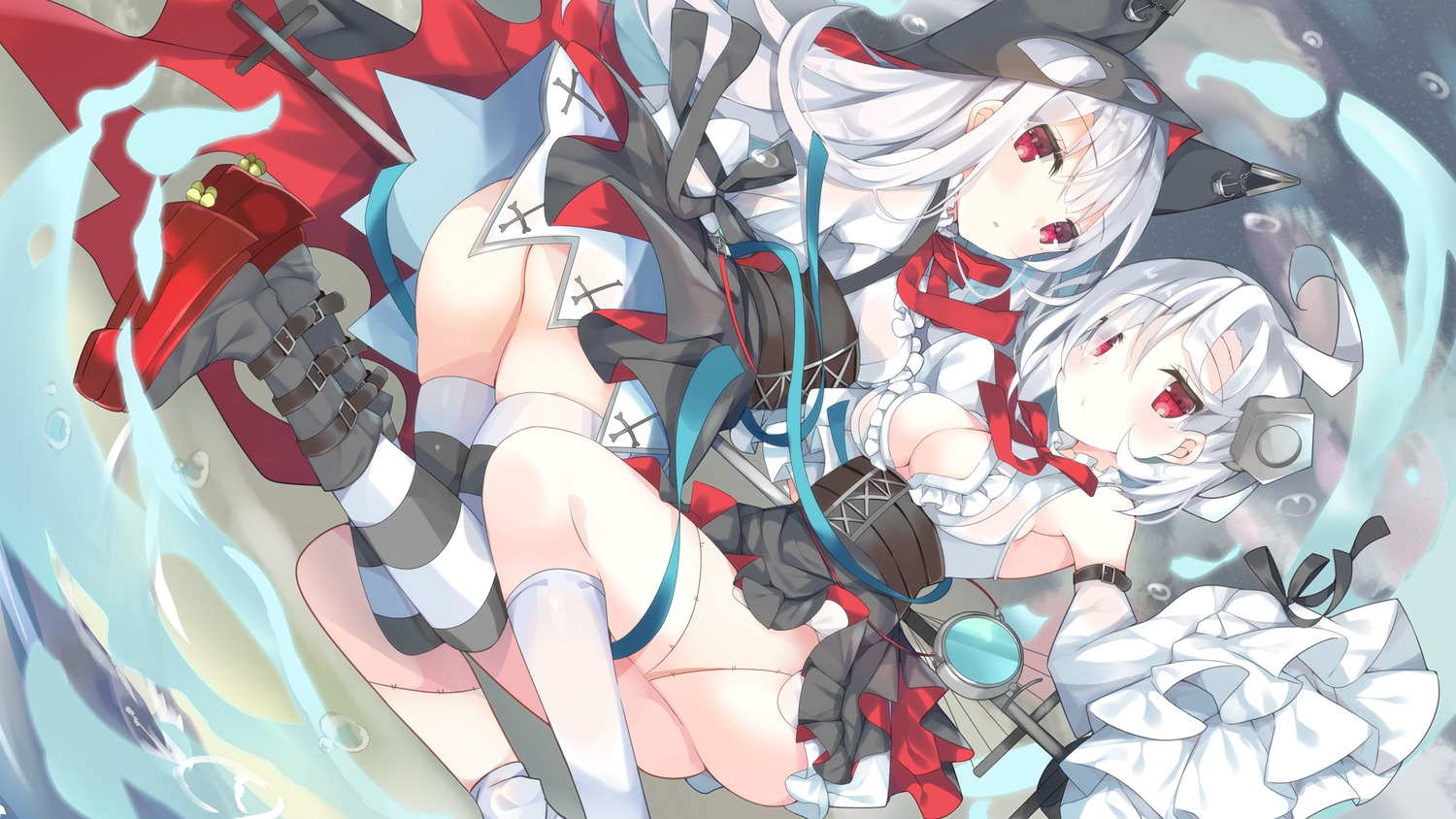 2girls, anthropomorphism, ass, azur_lane, breasts, cleavage, dress, erebus_(azur_lane), long_hair, red_eyes, ribbons, satsuki_mayuri, scar, short_hair, terror_(azur_lane), thighhighs, water, white_hair