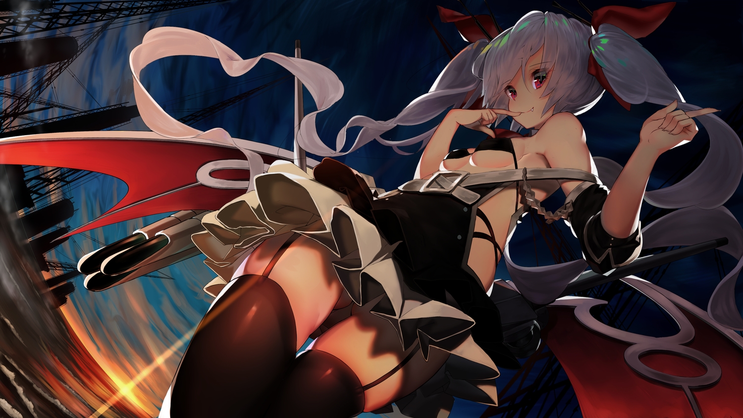 adukikumanoi, aliasing, anthropomorphism, azur_lane, bikini_top, breasts, building, clouds