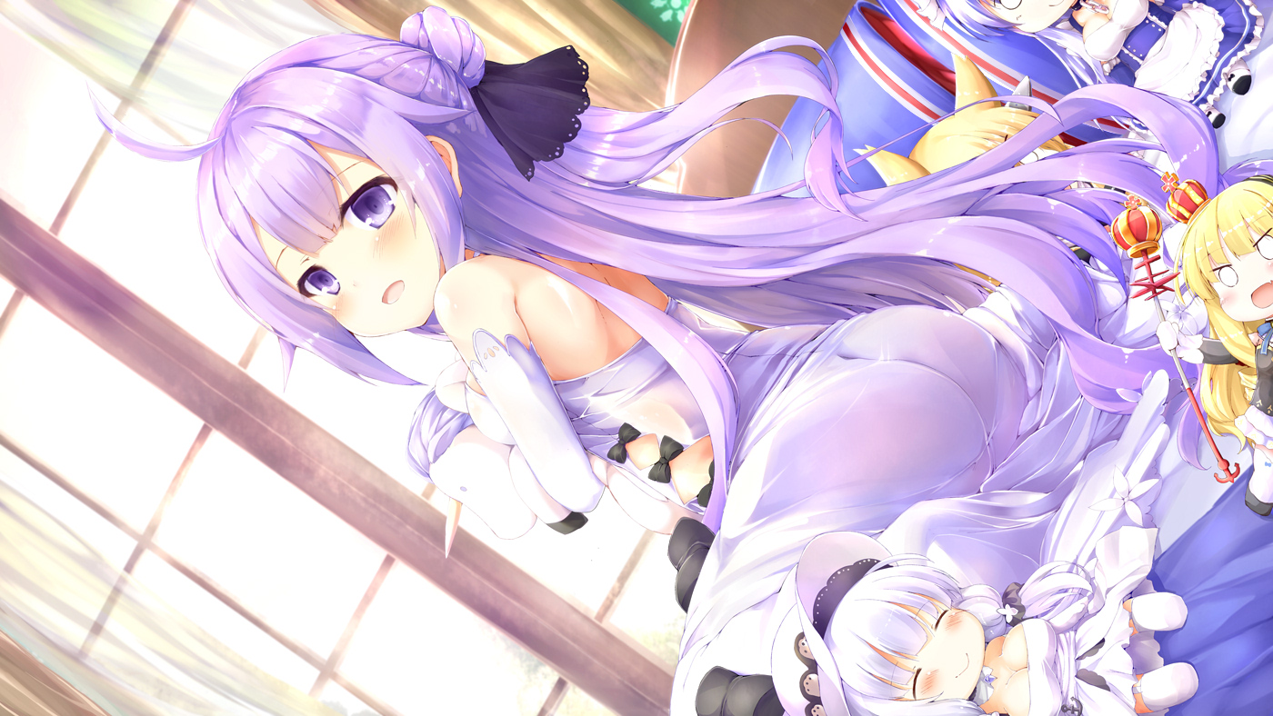 anthropomorphism, ass, azur_lane, belfast_(azur_lane), chibi, dress, elbow_gloves, gloves, illustrious_(azur_lane), long_hair, nanpuu, purple_eyes, purple_hair, queen_elizabeth_(azur_lane), unicorn_(azur_lane), warspite_(azur_lane)