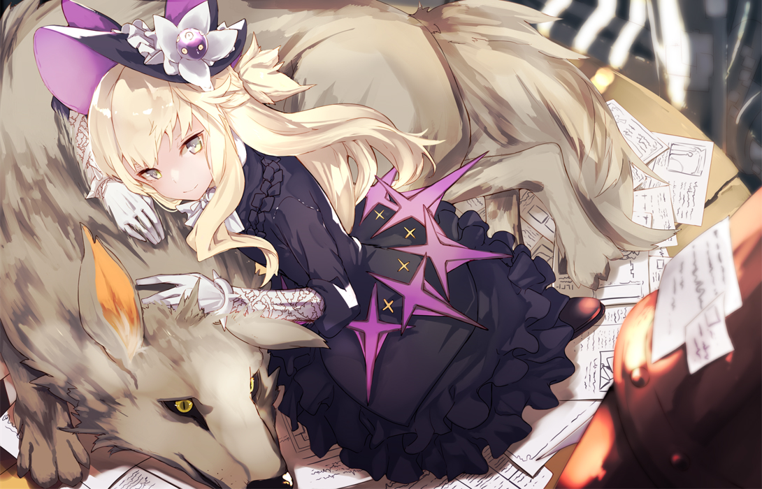 animal, blonde_hair, dress, gloves, goth-loli, headdress, lolita_fashion, long_hair, original, paper, shiromiso, wolf, yellow_eyes