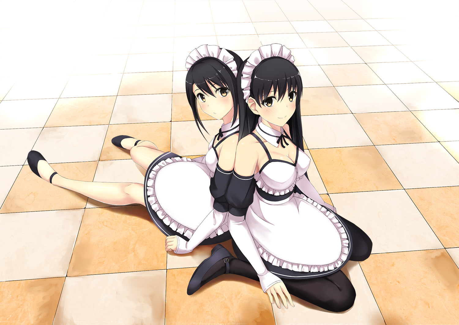 2girls, black_hair, blush, breasts, cleavage, cocona_(coconacafe), elbow_gloves, gloves