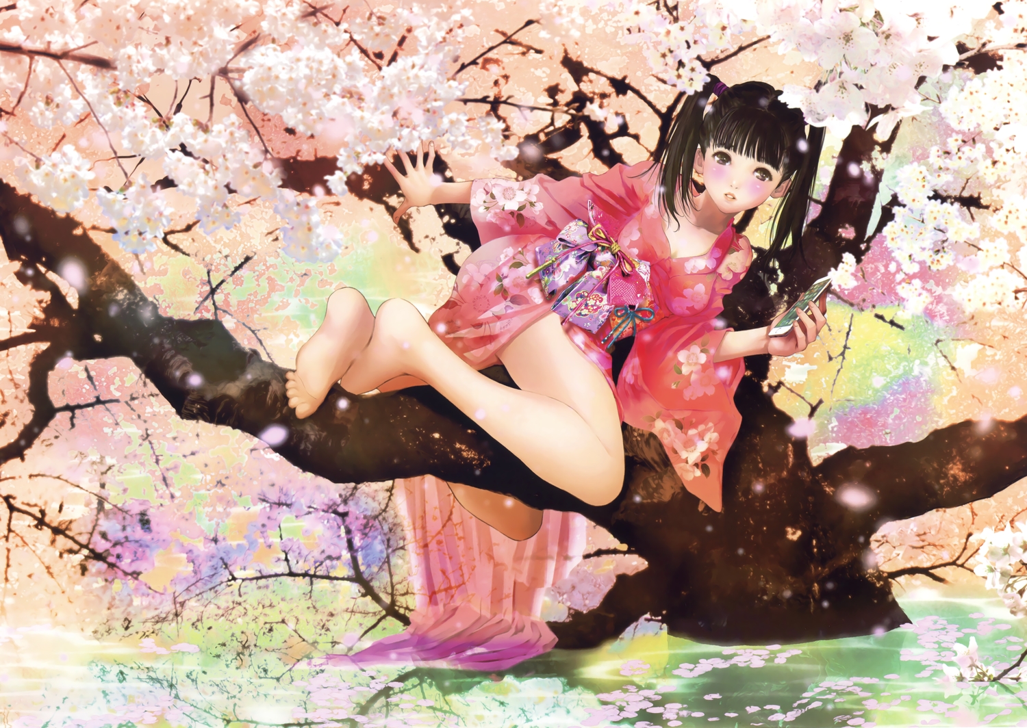 barefoot, black_hair, brown_eyes, cherry_blossoms, flowers, japanese_clothes, long_hair, mikimoto_haruhiko, petals, phone, scan, tree, twintails