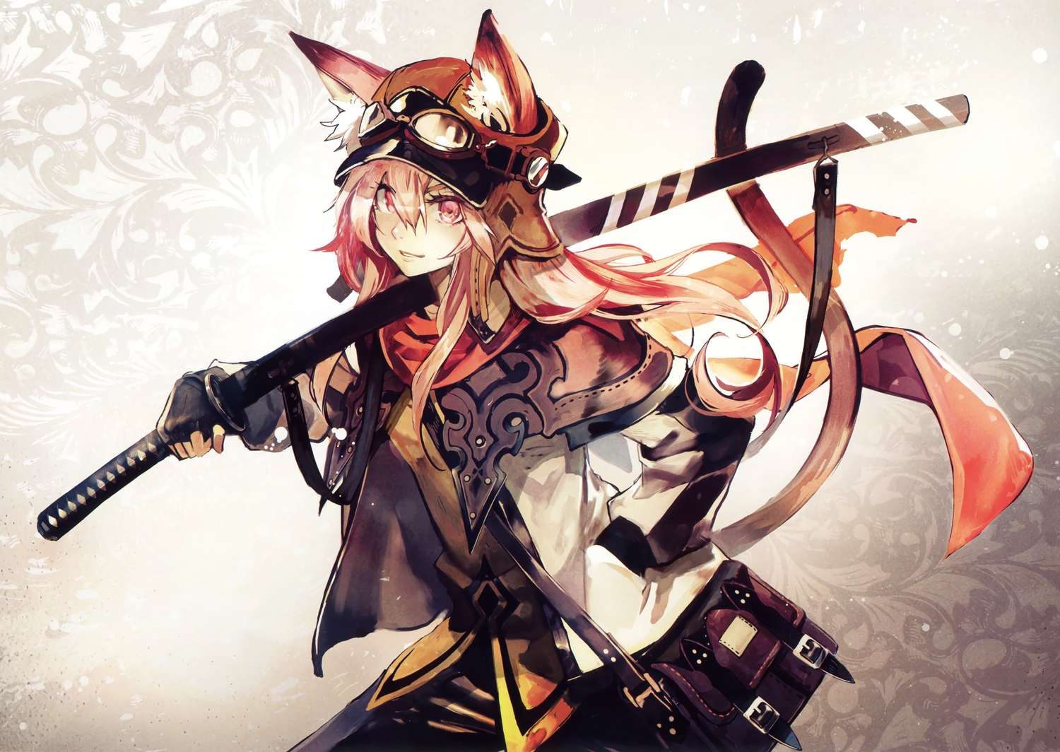animal_ears, banpai_akira, catgirl, gloves, goggles, long_hair, pink_eyes, pink_hair