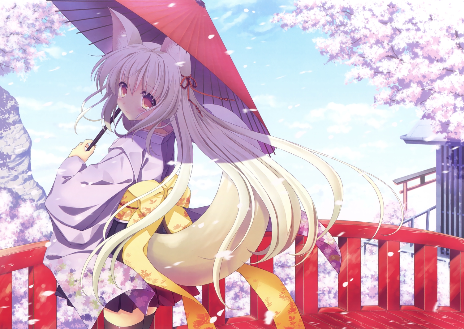 animal_ears, blonde_hair, blush, cherry_blossoms, flowers, foxgirl, japanese_clothes, long_hair