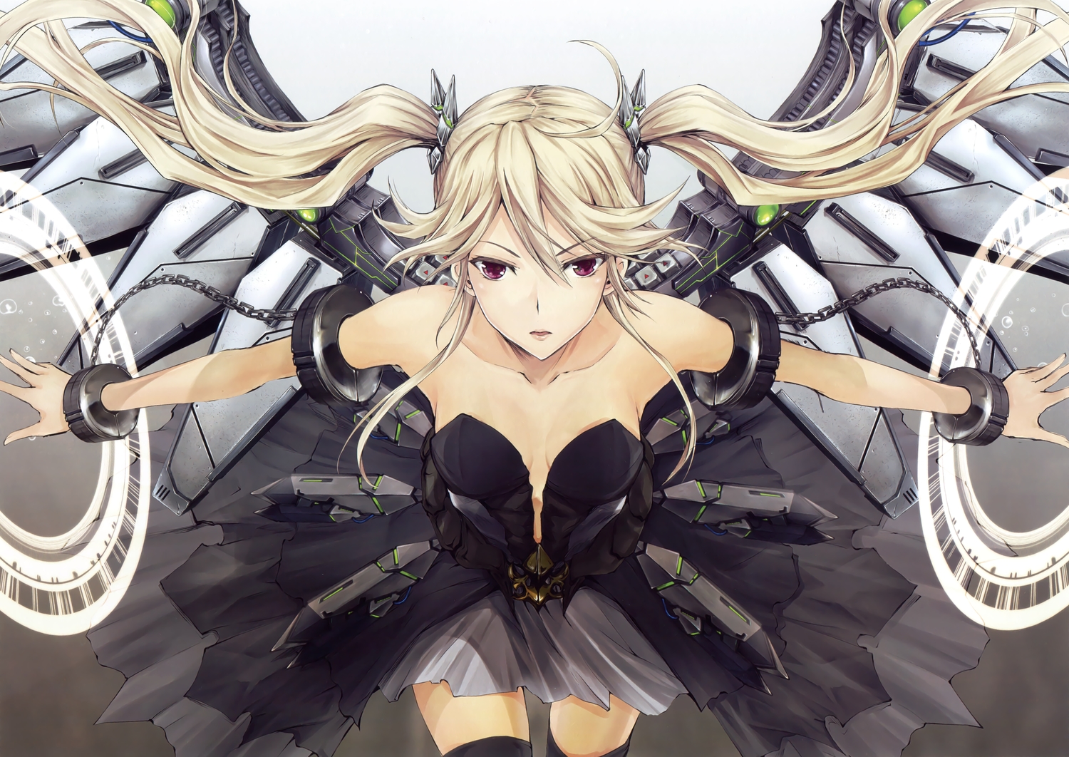 blonde_hair, chain, kizuki_aruchu, long_hair, magic, mechagirl, purple_eyes, scan, shackles, skirt, thighhighs, twintails