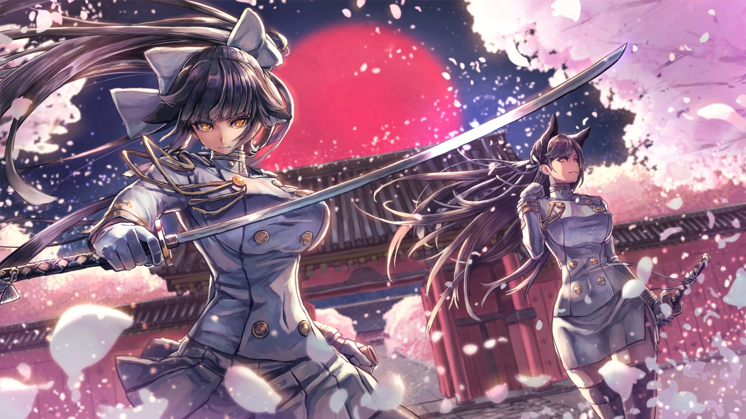 2girls, animal_ears, anthropomorphism, atago_(azur_lane), azur_lane, black_hair, breasts, cherry_blossoms, doggirl, flowers, garter_belt, gloves, katana, kuroi_susumu, long_hair, moon, orange_eyes, petals, ponytail, skirt, stockings, sword, takao_(azur_lane), thighhighs, uniform, weapon, zettai_ryouiki