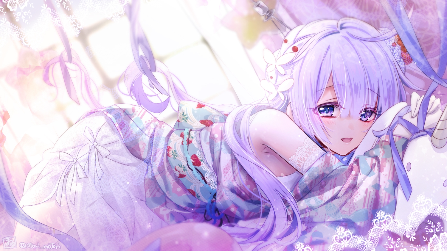 anthropomorphism, azur_lane, blush, elbow_gloves, gloves, japanese_clothes, long_hair, matori_(penguin_batake), purple_eyes, purple_hair, signed, unicorn_(azur_lane)
