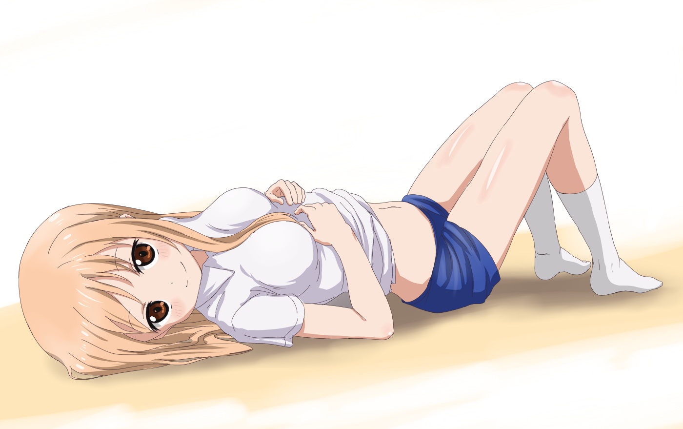 aliasing, blonde_hair, brown_eyes, doma_umaru, himouto!_umaru-chan, kneehighs, long_hair, navel, shorts, trg-_(sain), white