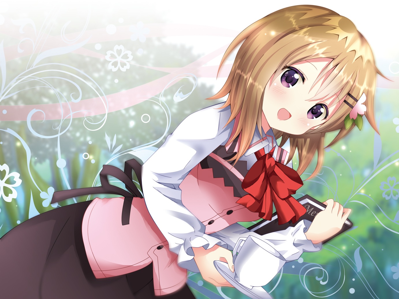 blonde_hair, bow, drink, flowers, gochuumon_wa_usagi_desu_ka?, hoto_cocoa, kohakugin, purple_eyes