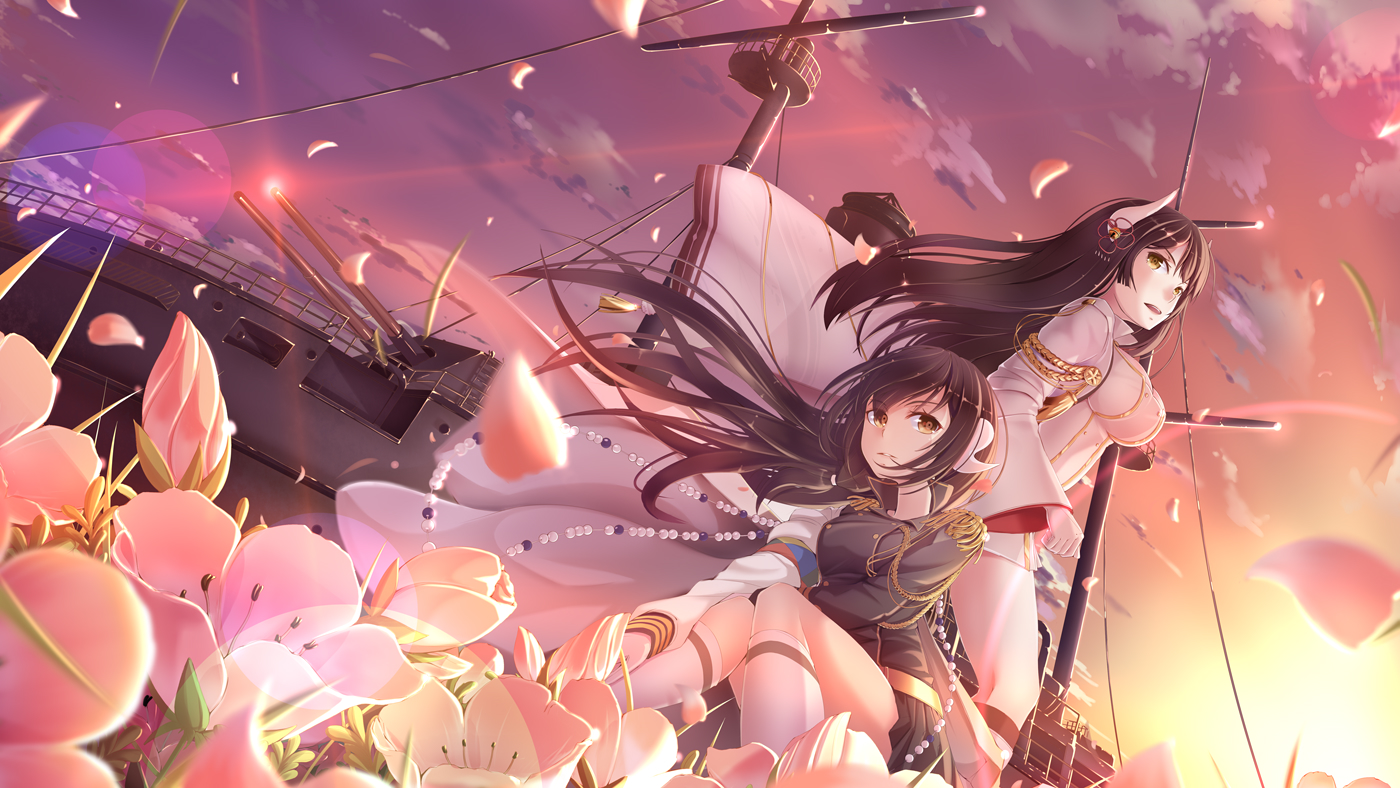 2girls, anthropomorphism, azur_lane, black_hair, brown_eyes, brown_hair, clouds, flowers