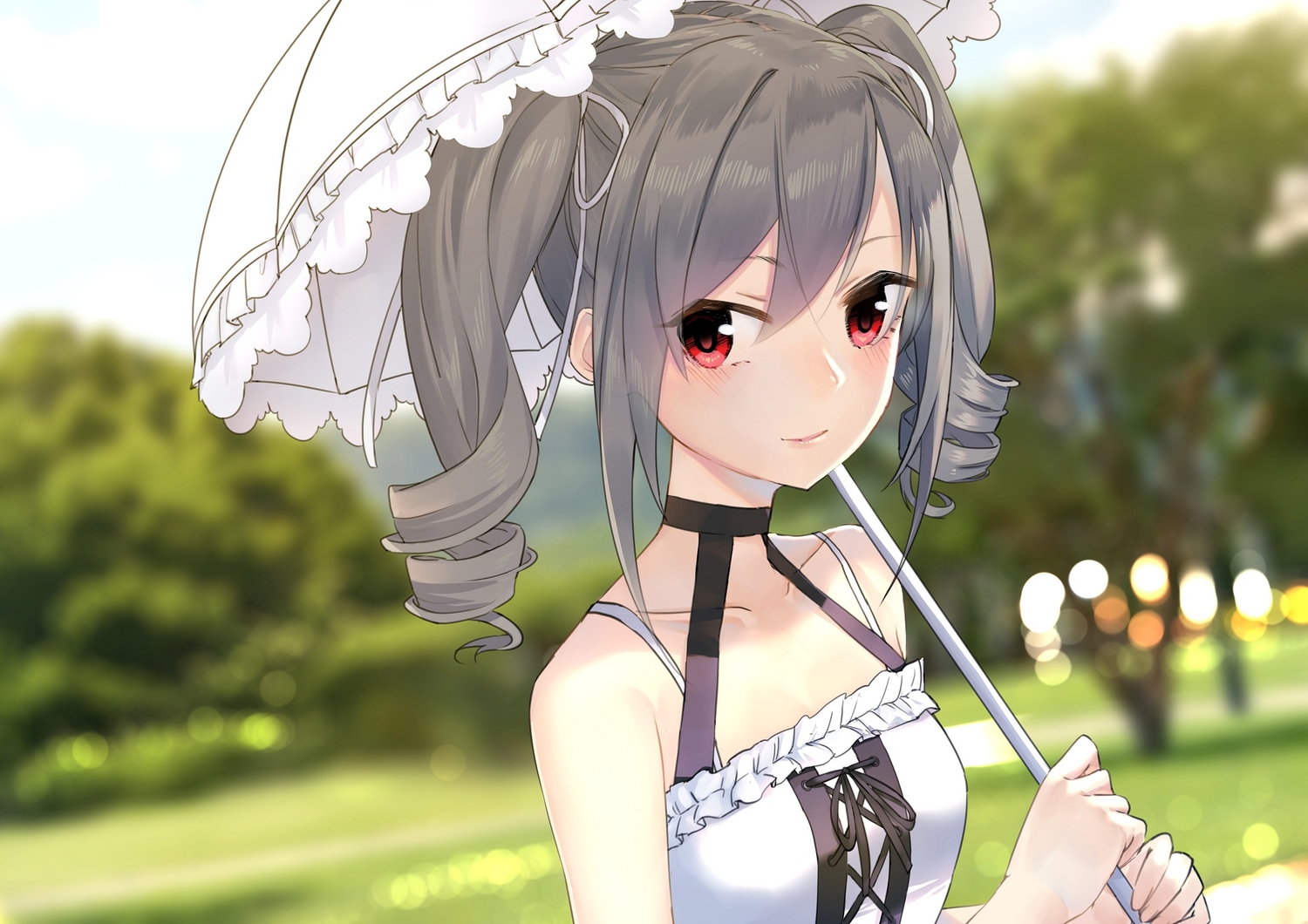 blush, choker, close, dress, gray_hair, green, idolmaster, idolmaster_cinderella_girls