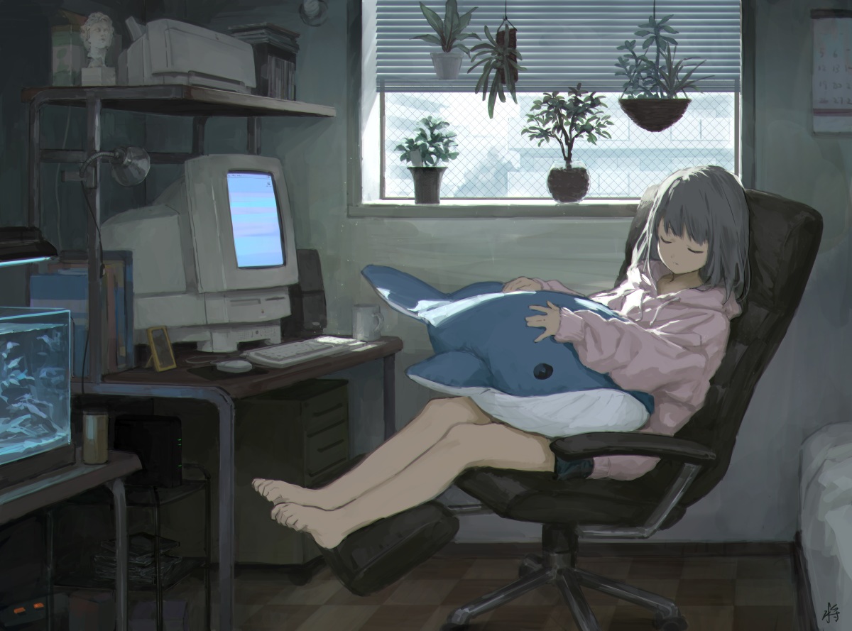 barefoot, bed, book, computer, gray_hair, hood, loli, long_hair, original, sho_(sho_lwlw), signed, skirt, sleeping