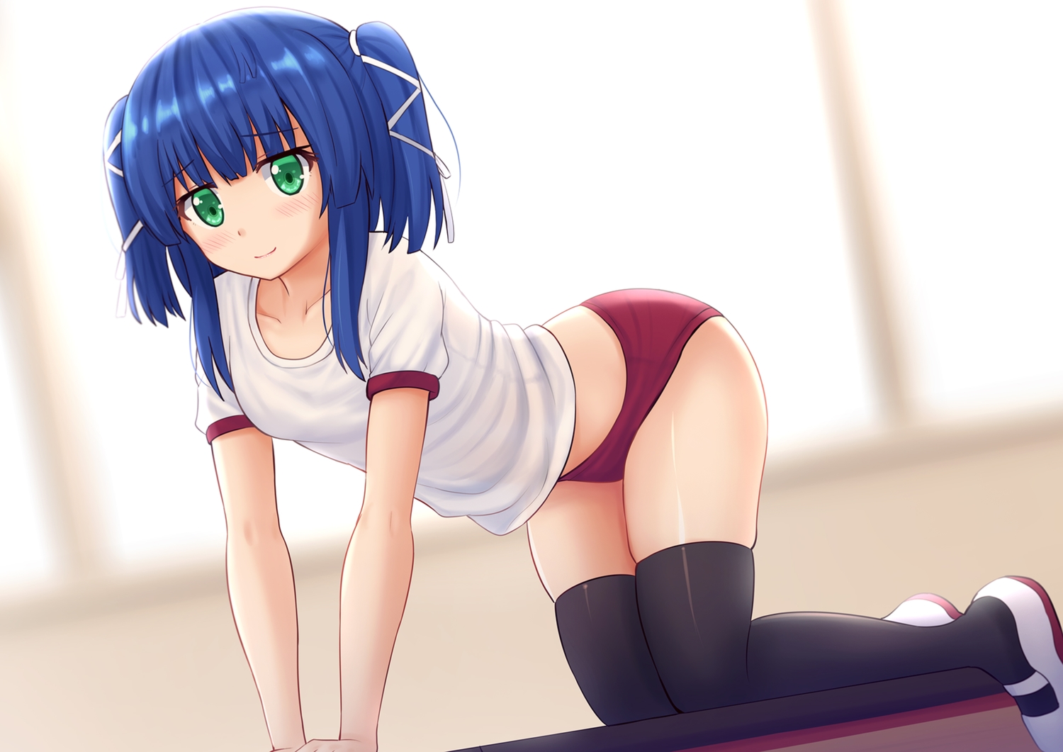 bloomers, blue_hair, blush, green_eyes, gym_uniform, kagimura_hazuki, kazenokaze, marchen_madchen, short_hair, thighhighs, twintails