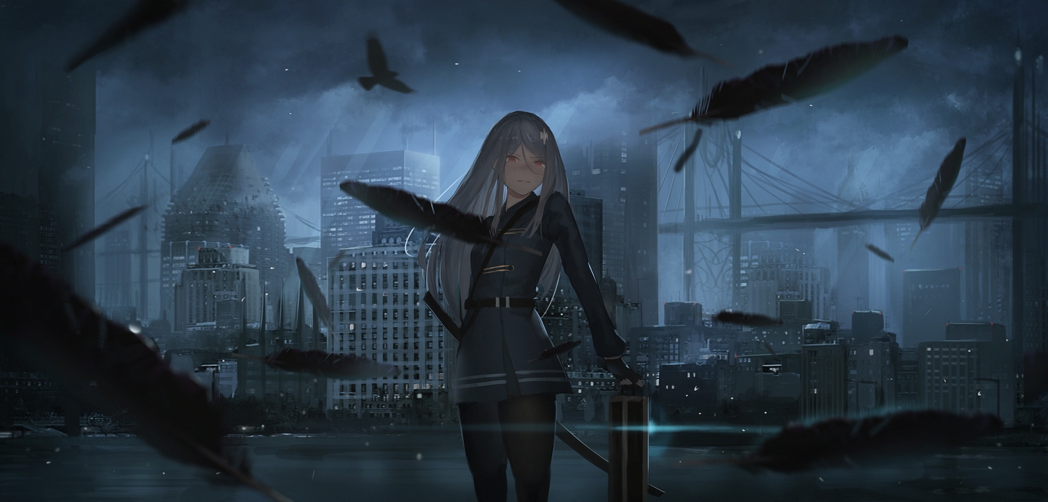 animal, bird, building, city, clouds, dark, dress, feathers, gray_hair, katana, long_hair, night, original, pantyhose, red_eyes, reido_(reido_c), scenic, sky, sword, uniform, water, weapon