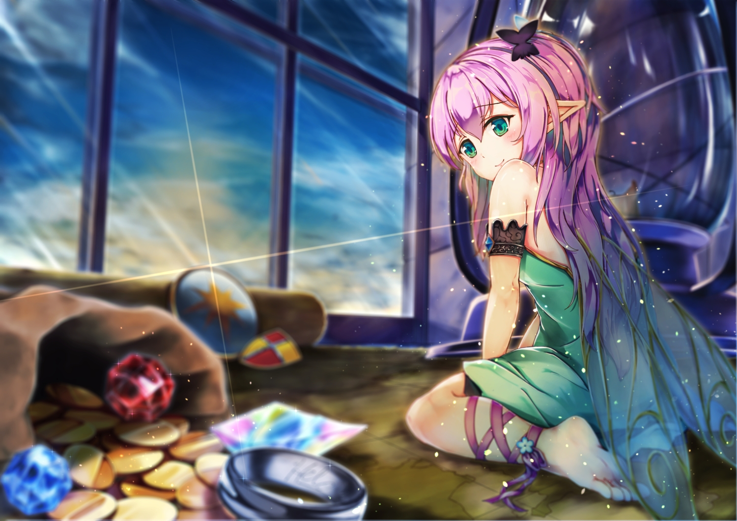 barefoot, clouds, dress, fairy, green_eyes, hinoka, long_hair, original