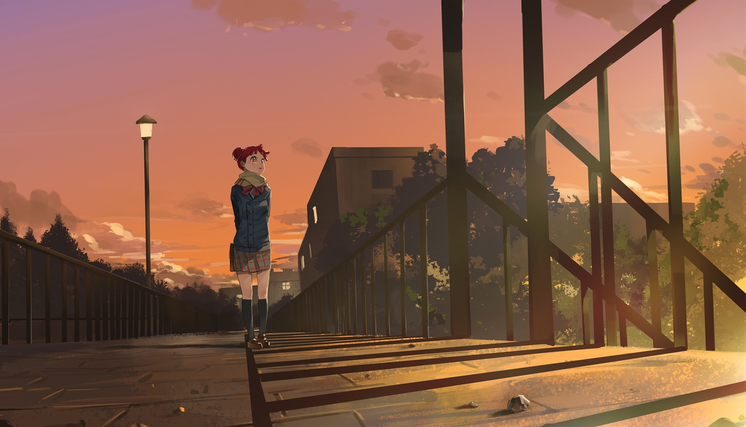 building, clouds, crying, harukaze_doremi, kneehighs, ojamajo_doremi, red_eyes, red_hair, scarf, school_uniform, short_hair, skirt, sky, somehira_katsu, sunset, tears
