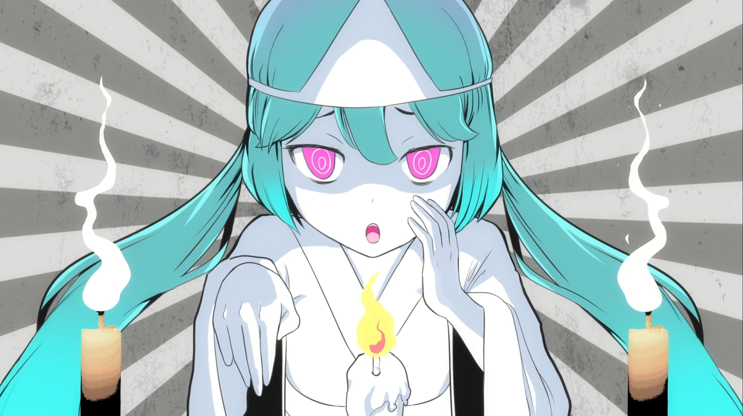 aqua_hair, close, hatsune_miku, headdress, japanese_clothes, kimono, long_hair, obake_no_ukerenai_(vocaloid), pink_eyes, pinocchio-p, twintails, vocaloid