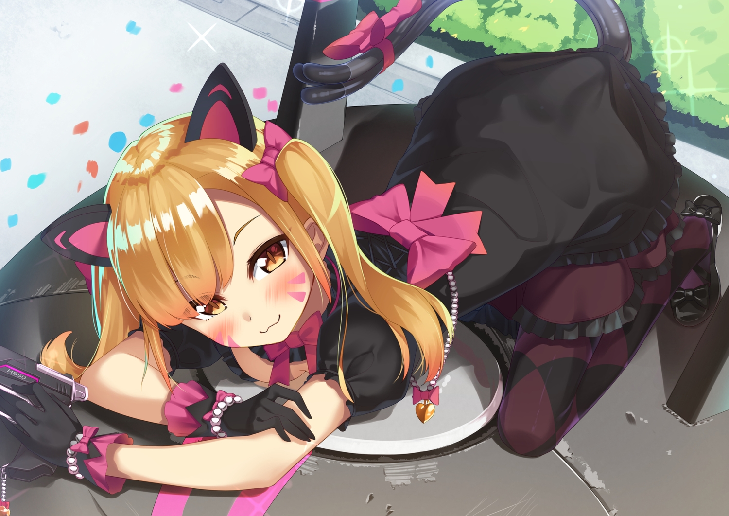 animal_ears, blonde_hair, blush, bow, catgirl, cat_smile, dress, d.va, gloves, goth-loli, lolita_fashion, long_hair, orange_eyes, overwatch, pantyhose, partner_(kprtnr), tail, twintails