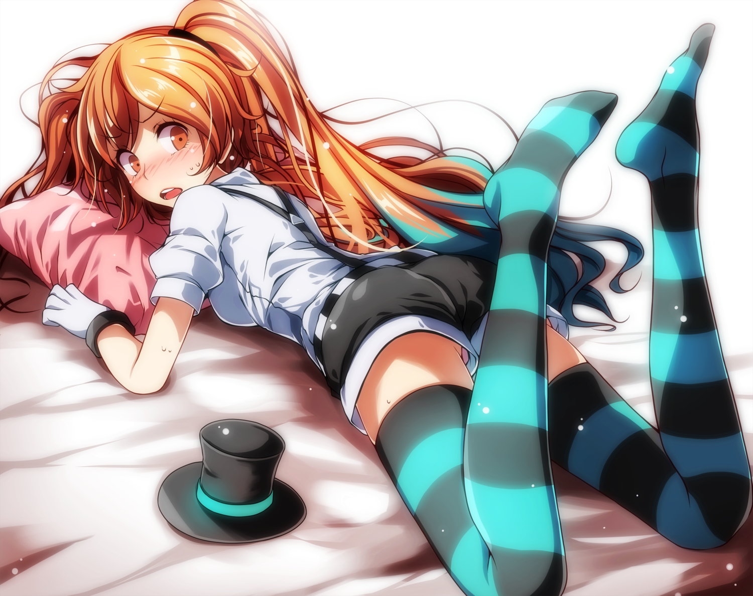 bed, blush, brown_eyes, gloves, hat, hatsune_miku, long_hair, orange_hair, project_diva, shorts, thighhighs, tsukishiro_saika, twintails, vocaloid, zettai_ryouiki
