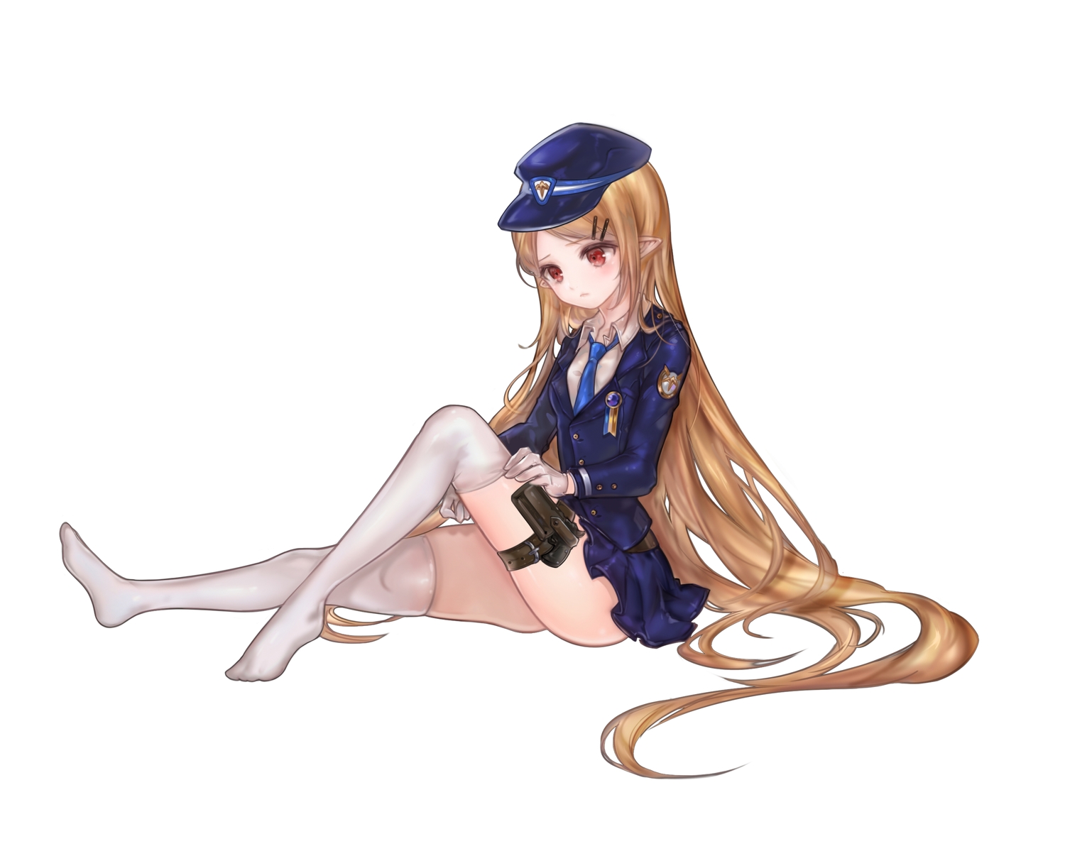 96dgd, blonde_hair, dungeon_and_fighter, garter, gun, hat, loli, long_hair, pointed_ears, police, police_uniform, red_eyes, skirt, tagme_(character), thighhighs, uniform, weapon, white