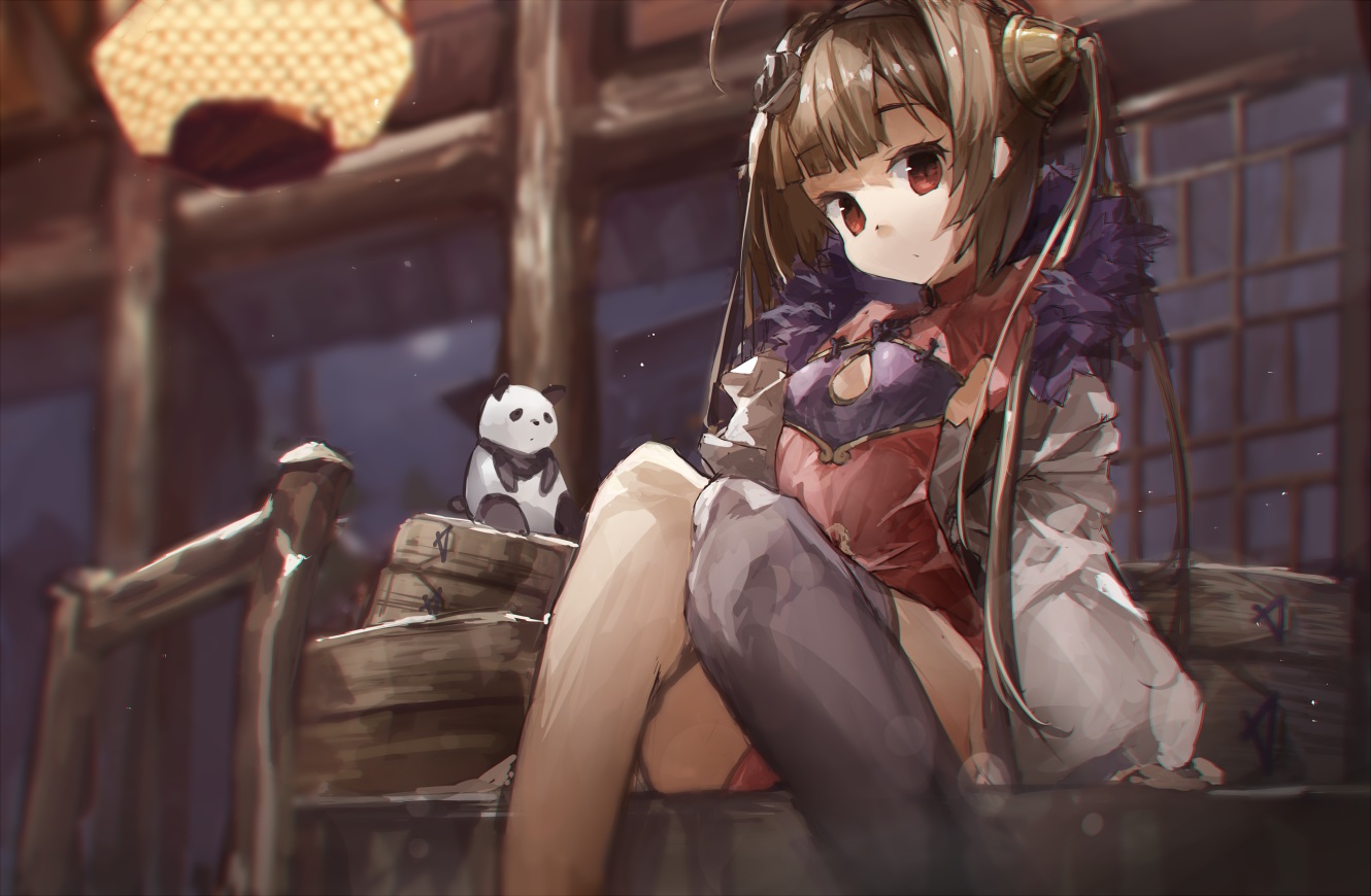 anthropomorphism, azur_lane, brown_hair, chinese_clothes, chinese_dress, dress, long_hair, night, ph., ping_hai_(azur_lane), red_eyes, short_hair, sky, thighhighs, twintails