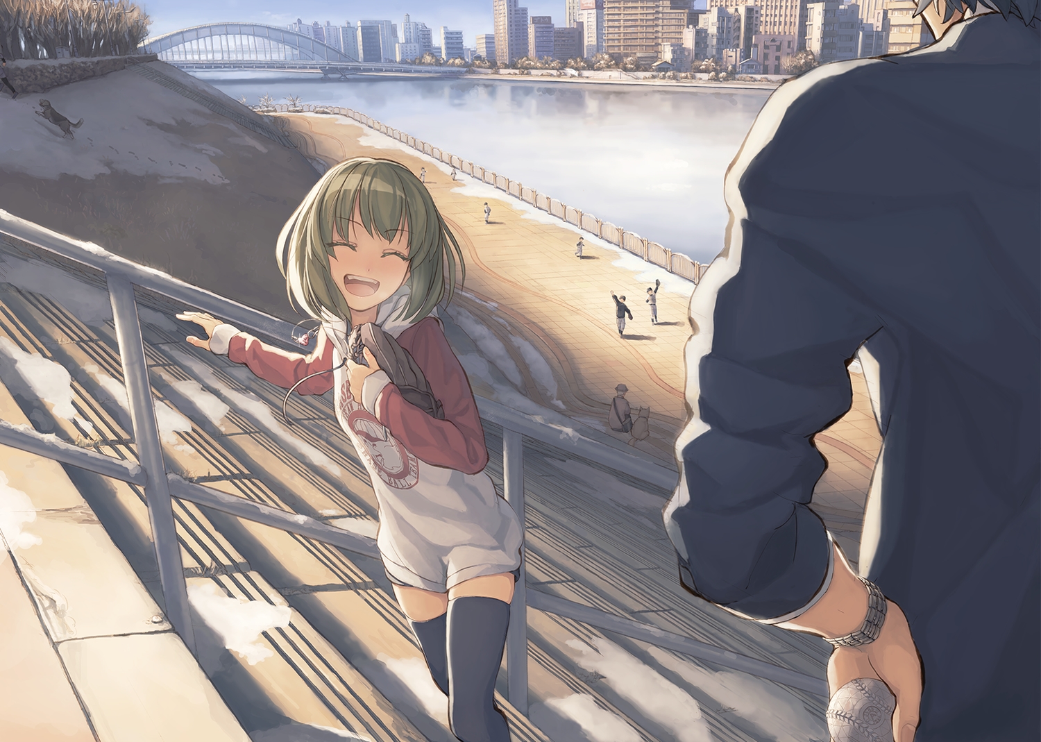 animal, baseball, brown_hair, building, city, dog, hood, idolmaster