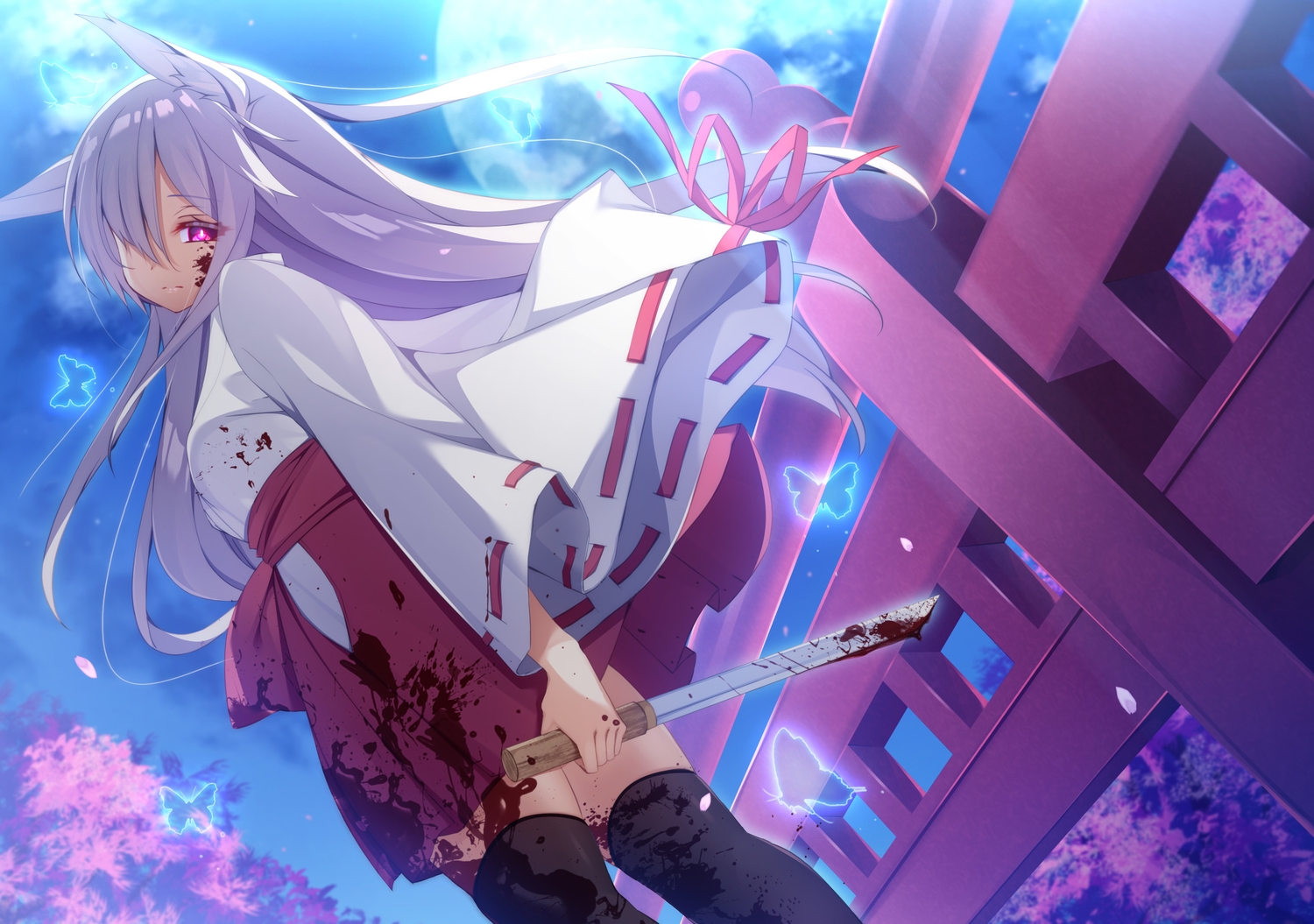 animal_ears, blood, chikuwabuta, japanese_clothes, long_hair, miko, original, purple_eyes, purple_hair, stockings, weapon