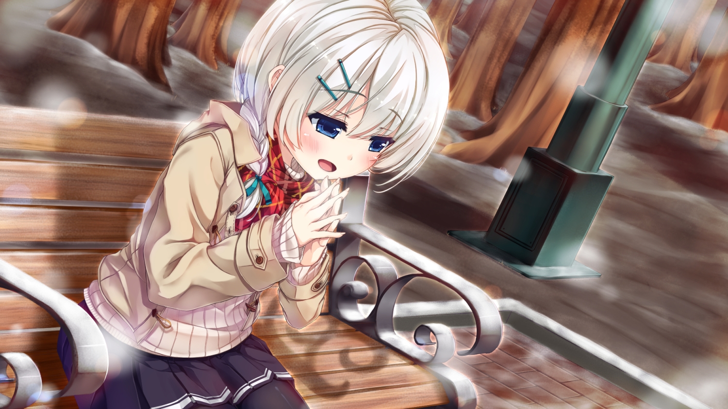 blonde_hair, blue_eyes, braids, hinoka, original, pantyhose, park, scarf