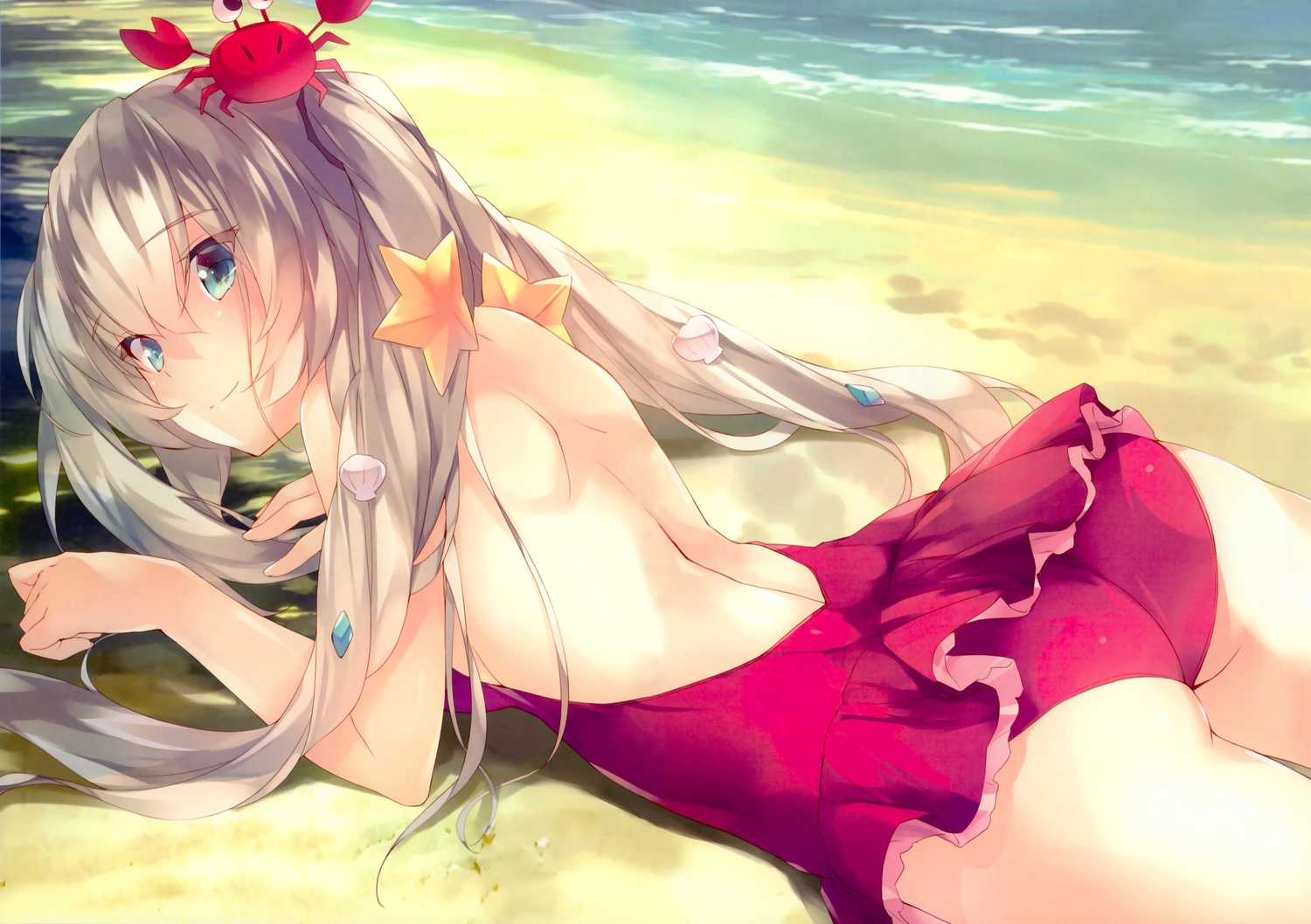 amami_mikihiro, animal, aqua_eyes, ass, beach, crab, fate/grand_order, fate_(series)