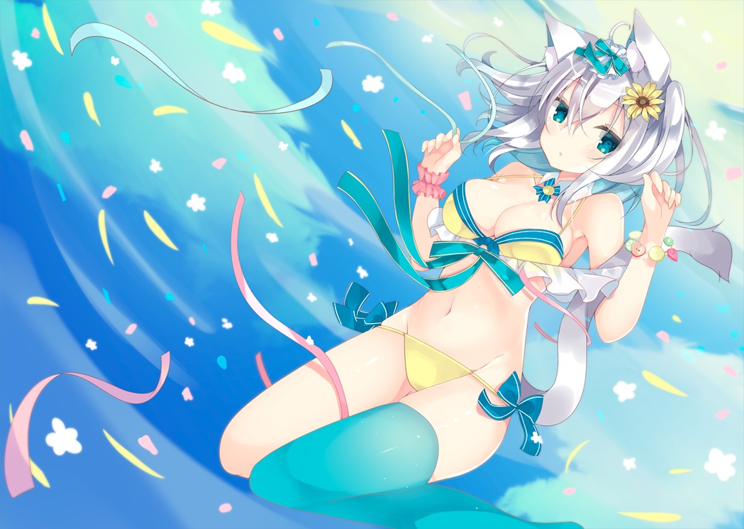 animal_ears, aqua_eyes, barefoot, bikini, breasts, catgirl, cleavage, flowers, long_hair, navel, original, ribbons, satsuki_mayuri, swimsuit, tail, thighhighs, white_hair, wristwear