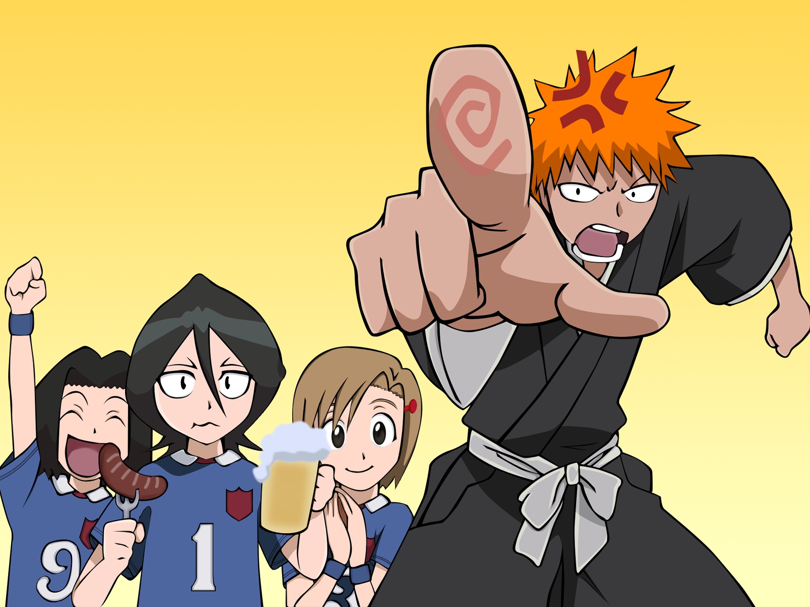 bleach, food, gradient, kuchiki_rukia, kurosaki_ichigo, kurosaki_karin, kurosaki_yuzu, male, vector, yellow