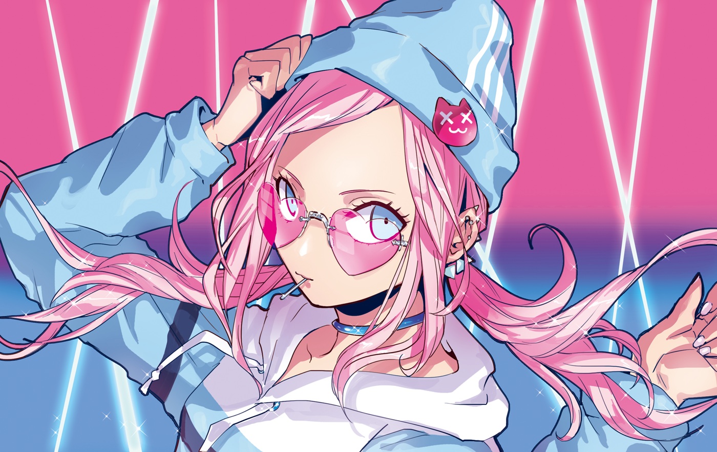 aqua_eyes, candy, choker, hat, hood, lollipop, long_hair, original