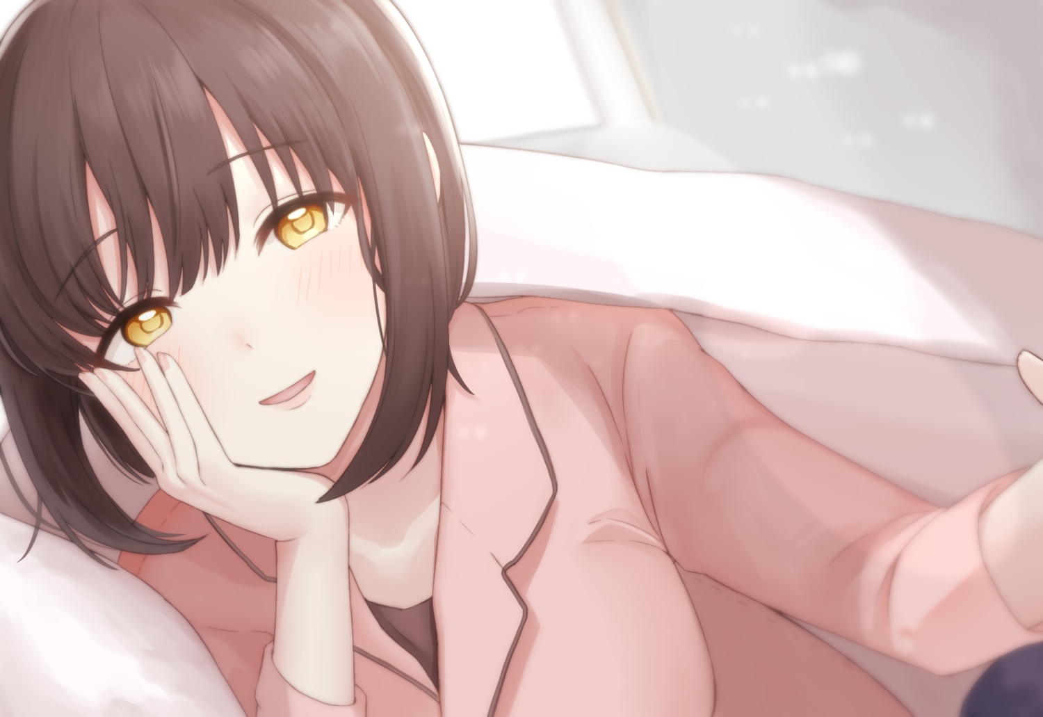 bed, blush, brown_hair, close, idolmaster, idolmaster_cinderella_girls, monotiina, short_hair