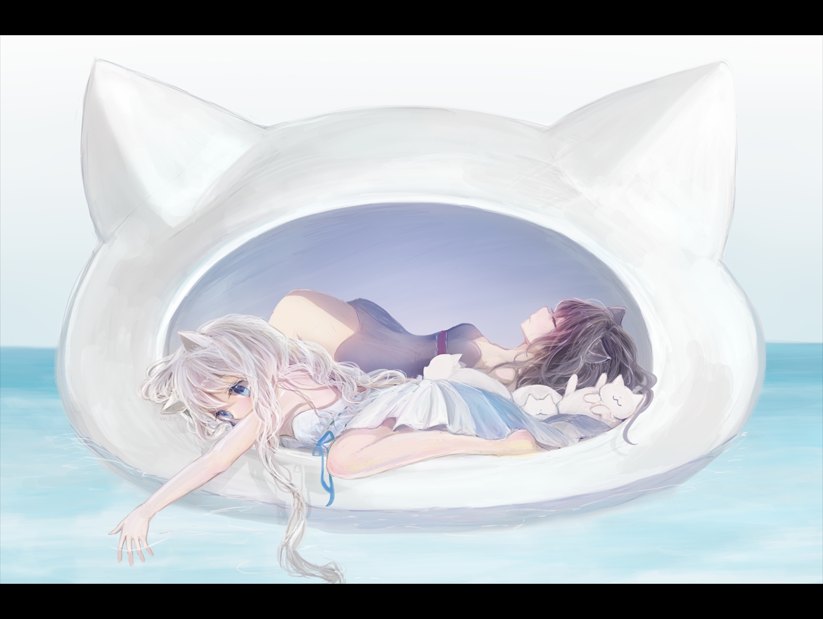 2girls, animal_ears, bed, catgirl, mari_(milkuro), original, pajamas