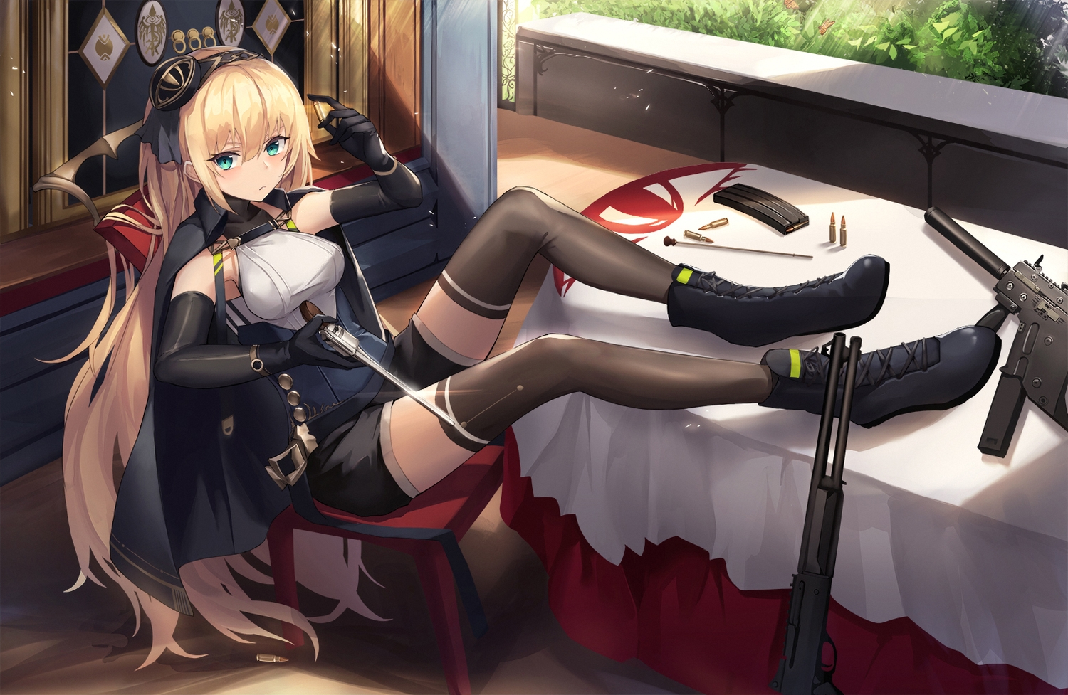 blonde_hair, boots, cape, elbow_gloves, eruthika, gloves, green_eyes, gun