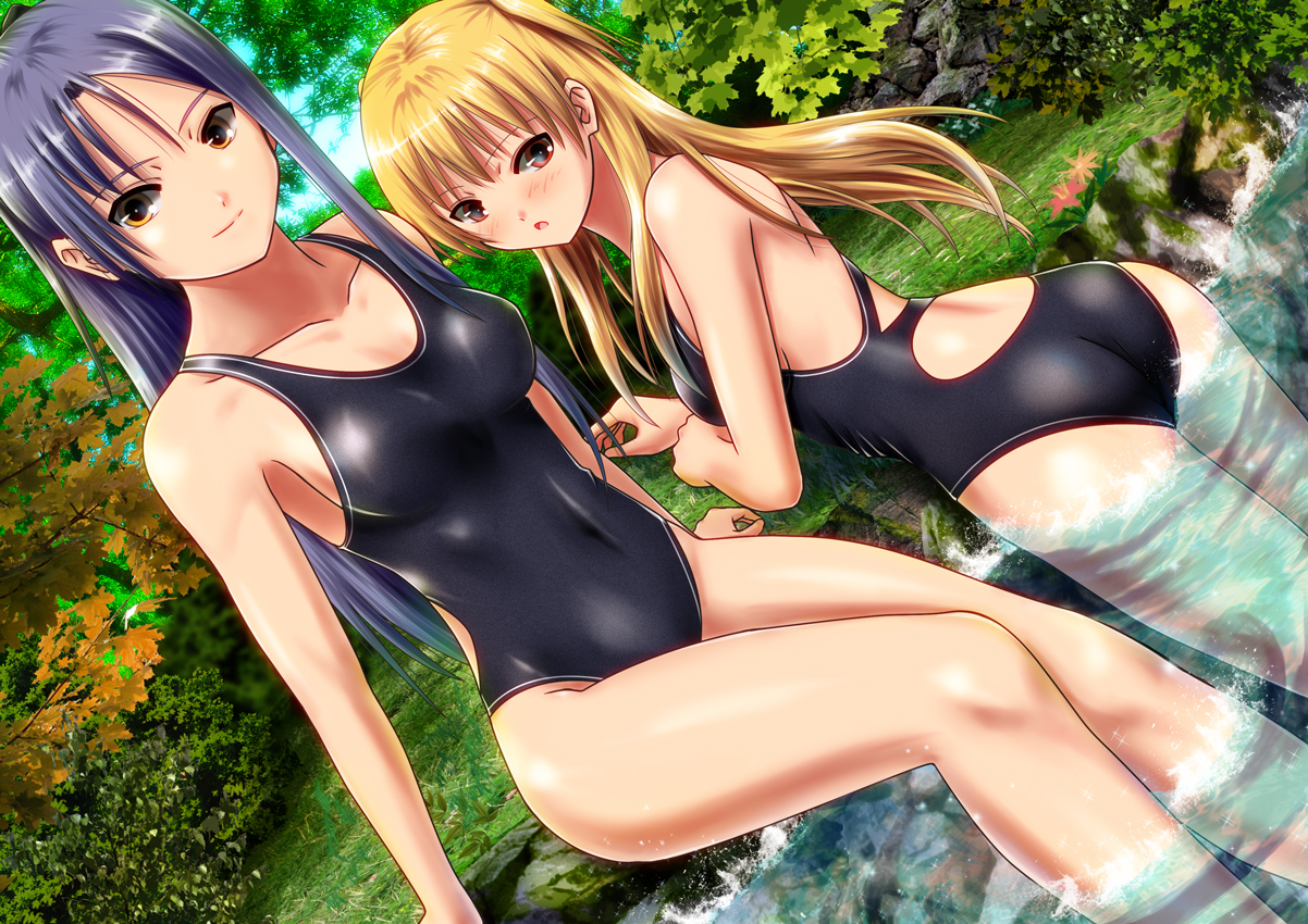 2girls, alisa_reinford, ass, black_hair, blonde_hair, blush, clouds, flowers