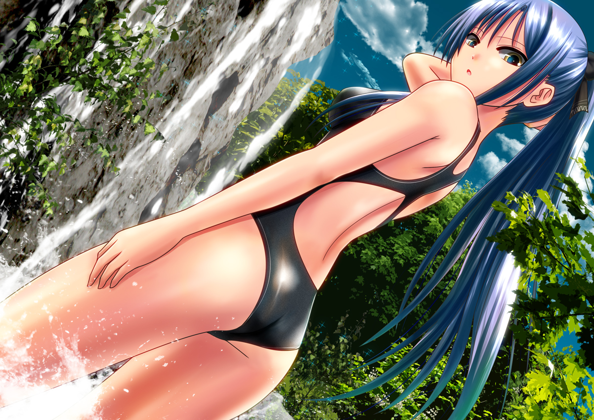 ass, blue_hair, clouds, forest, landscape, laura_s_arseid, long_hair, ponytail, scenic, sen_no_kiseki, sky, swimsuit, tree, water, waterfall, yamaoyaji, yellow_eyes
