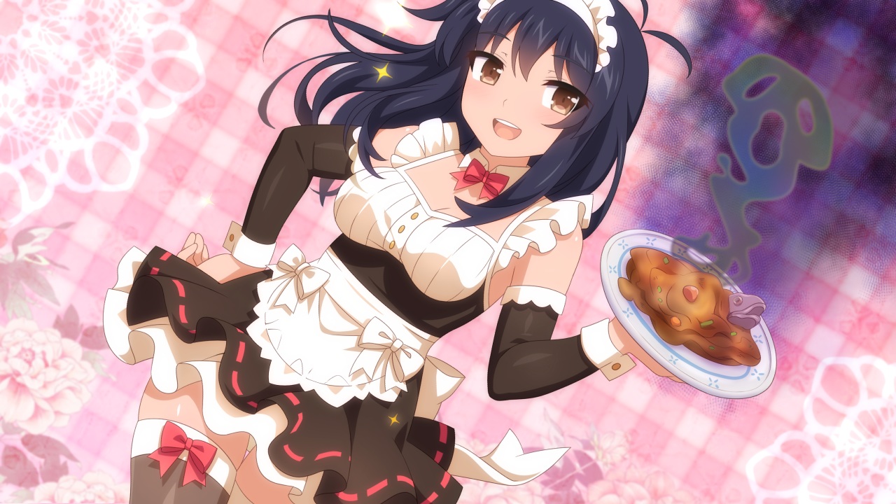 black_hair, breasts, brown_eyes, cleavage, food, game_cg, long_hair, maid, skirt, thighhighs, waitress, wanaca, winged_cloud