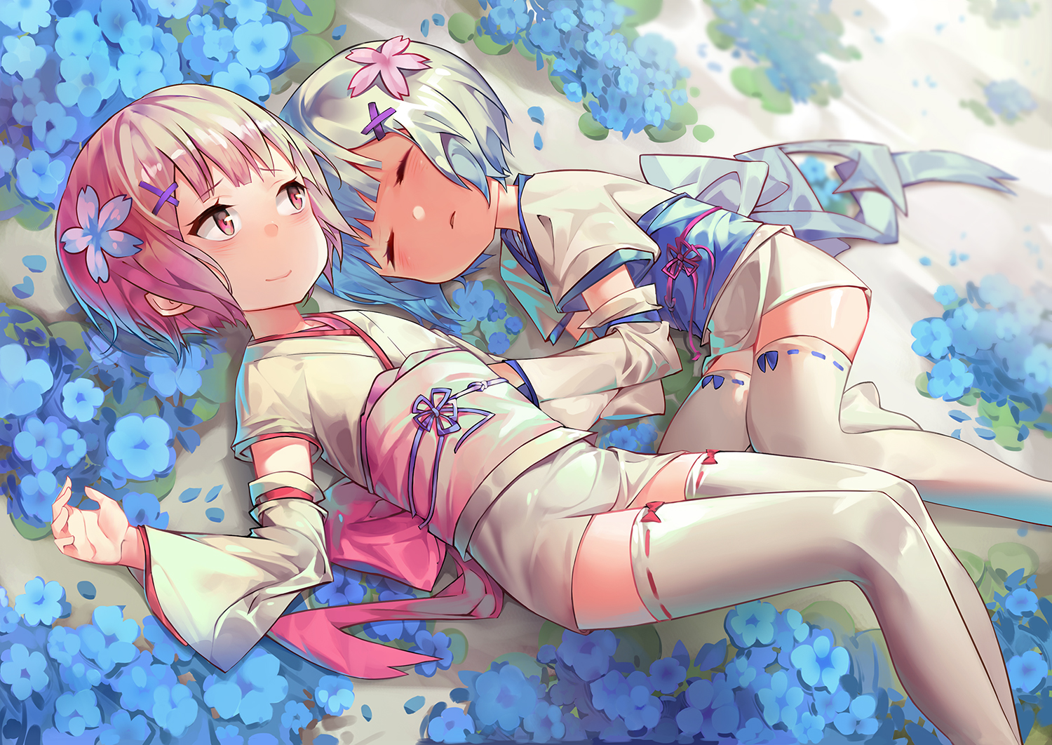 2girls, blue_hair, bow, chaun, flowers, japanese_clothes, loli, pink_eyes, pink_hair, ram_(re:zero), rem_(re:zero), re:zero_kara_hajimeru_isekai_seikatsu, ribbons, short_hair, sleeping, thighhighs, twins, yukata