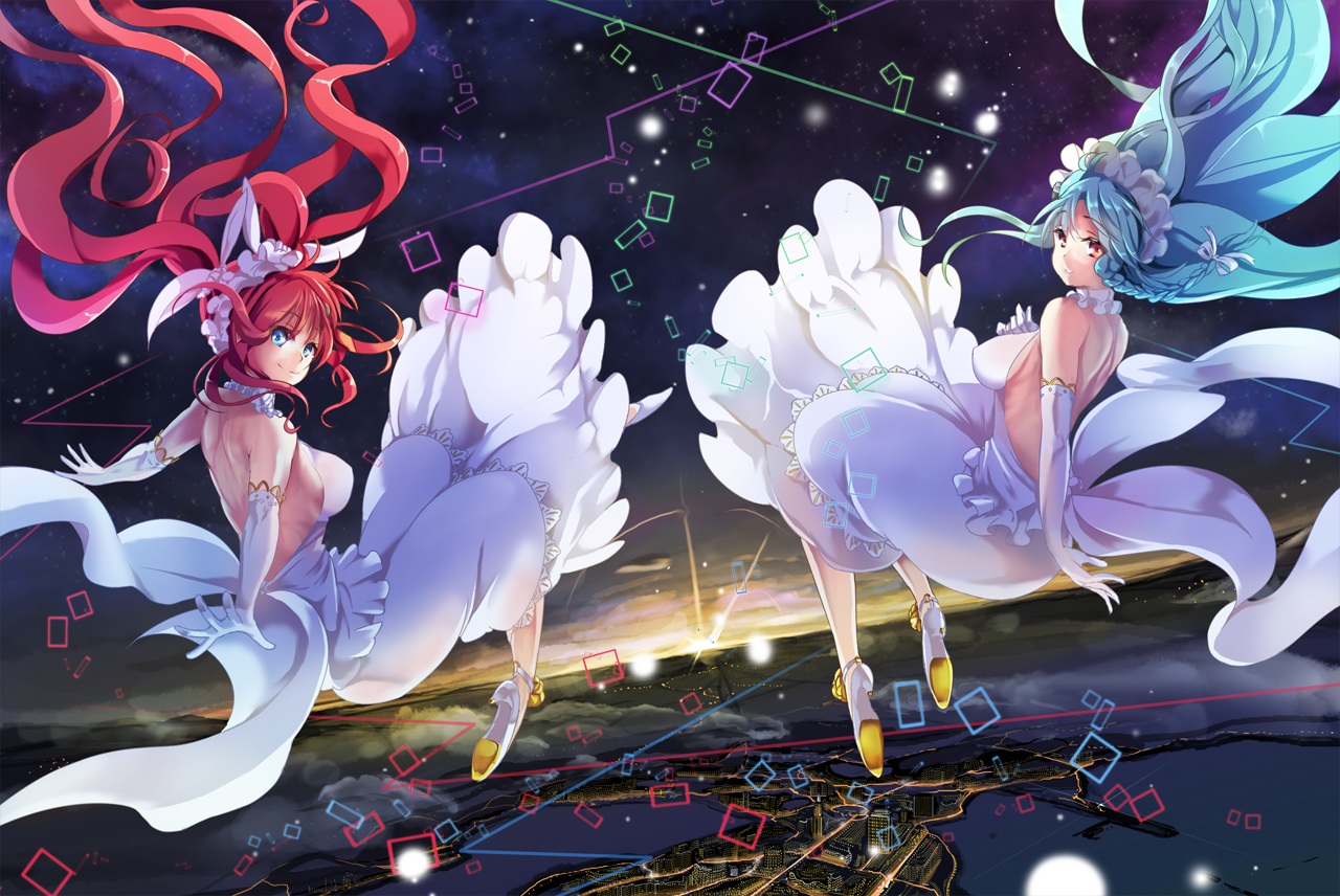 2girls, animal_ears, aqua_eyes, aqua_hair, braids, building, city, dress, elbow_gloves, gloves, hinabita, hopper, long_hair, night, orange_eyes, red_hair, ribbons, shinonome_kokona, shinonome_natsuhi, sky, sound_voltex, stars