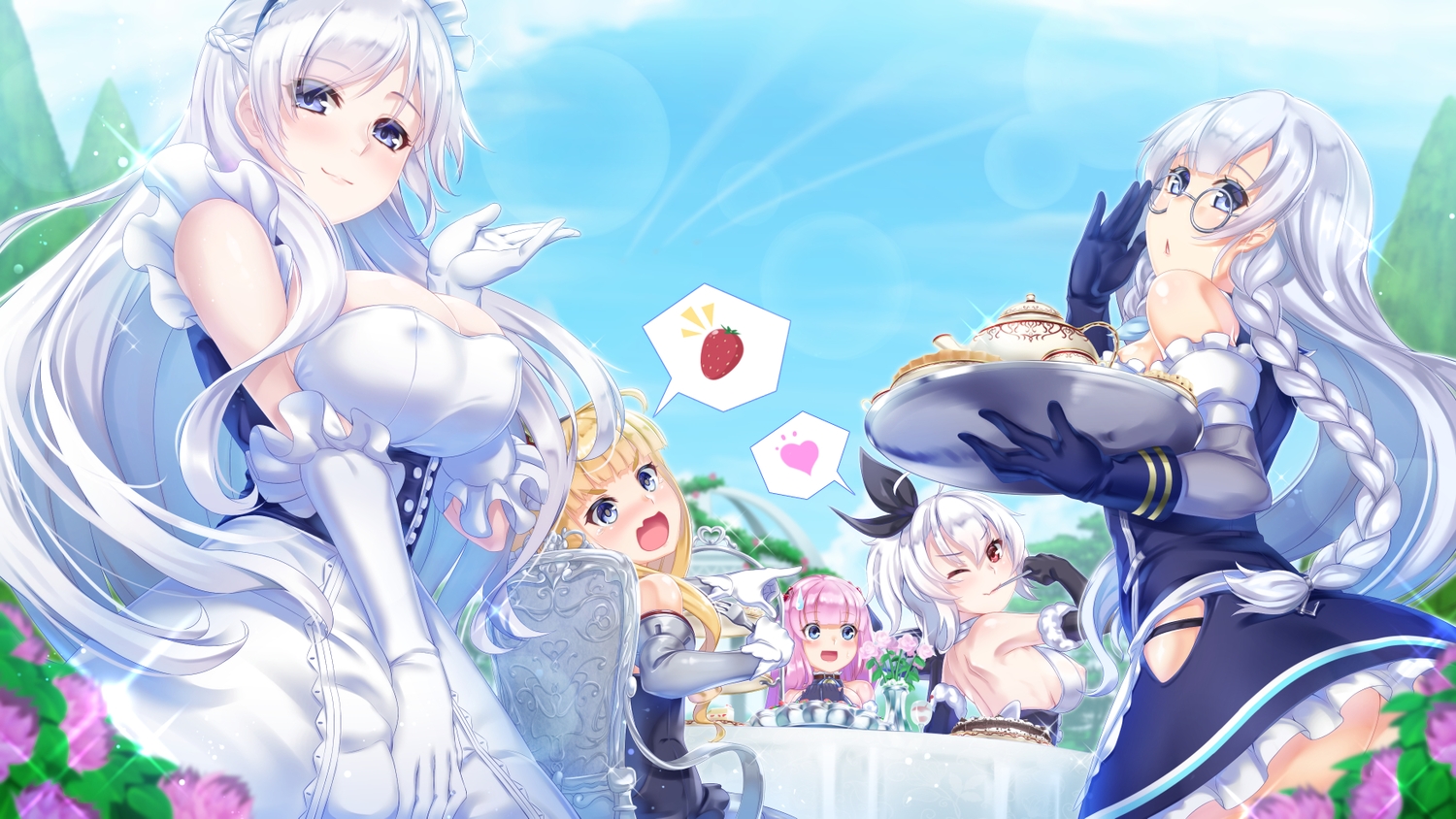 anthropomorphism, apron, aqua_eyes, ass, azur_lane, belfast_(azur_lane), blonde_hair, blue_eyes, braids, breasts, edinburgh_(azur_lane), elbow_gloves, erect_nipples, flowers, glasses, gloves, group, headdress, ken_ill, kent_(azur_lane), long_hair, maid, pink_hair, queen_elizabeth_(azur_lane), red_eyes, sideboob, suffolk_(azur_lane), white_hair, wink