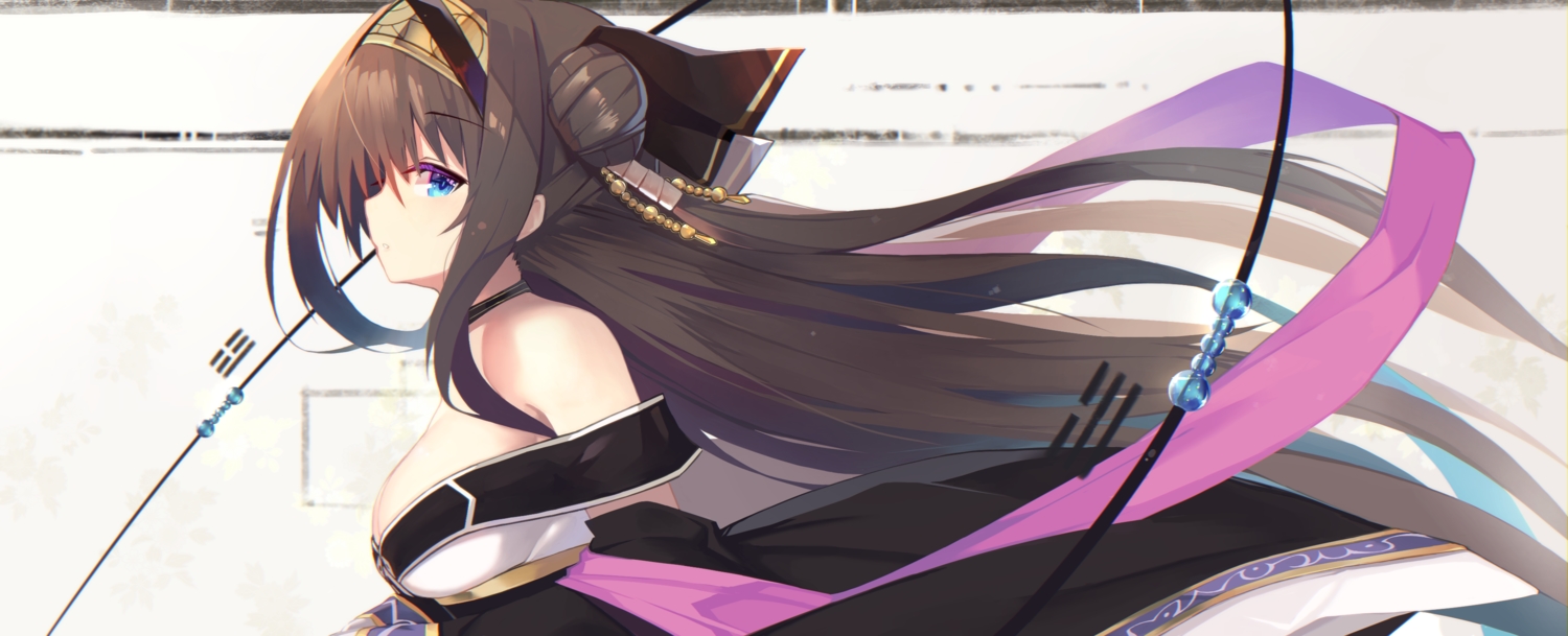 anthropomorphism, aqua_eyes, breasts, brown_hair, japanese_clothes, long_hair, rinne_(sennen_sensou_aigis), sennen_sensou_aigis, yki