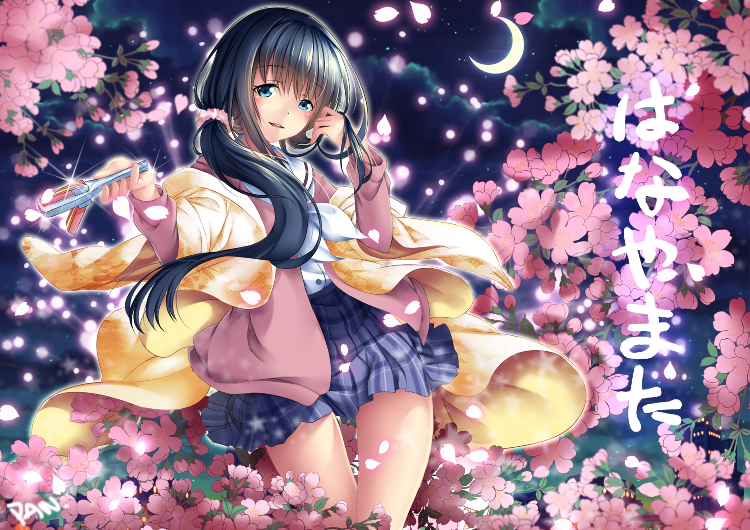 ashi_kosugi, blue_hair, building, cherry_blossoms, flowers, green_eyes, hanayamata, japanese_clothes