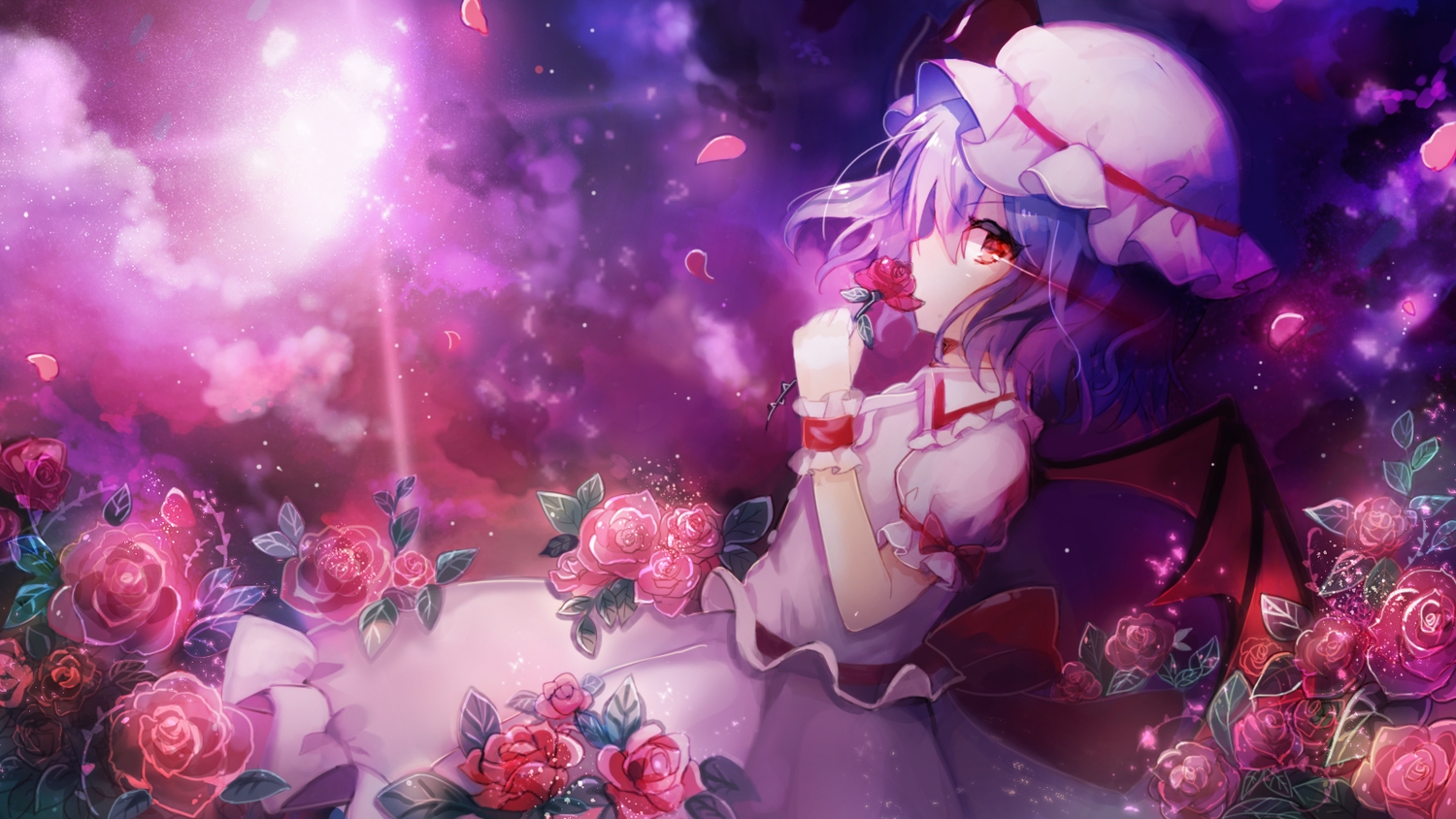 flowers, hat, kohaku_muro, remilia_scarlet, rose, touhou, vampire, wings