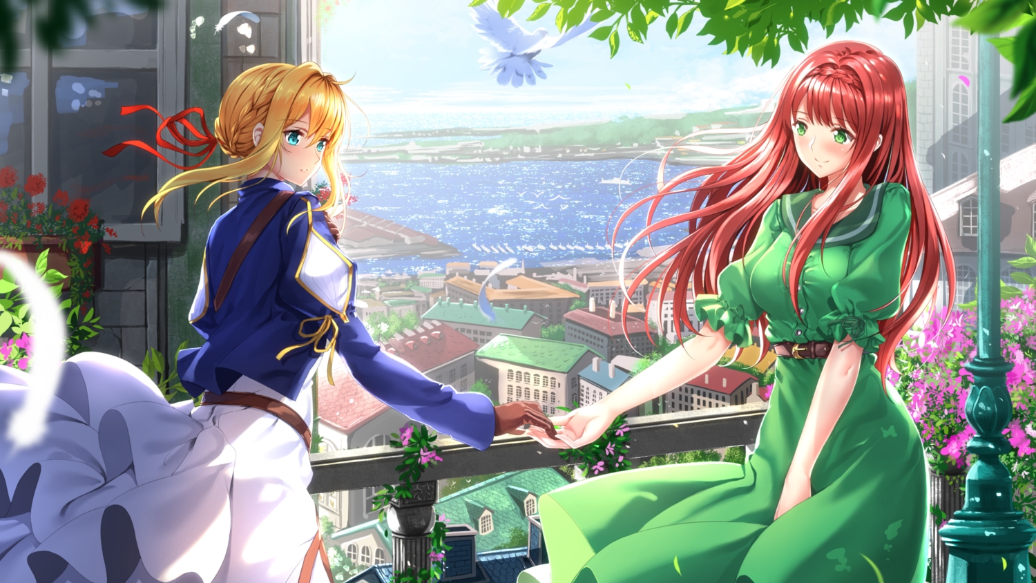 2girls, animal, aqua_eyes, bird, blonde_hair, braids, building, city, clouds, dress, flowers, gloves, green_eyes, long_hair, luculia_marlborough, red_hair, ribbons, sky, swordsouls, violet_evergarden, violet_evergarden_(character), water