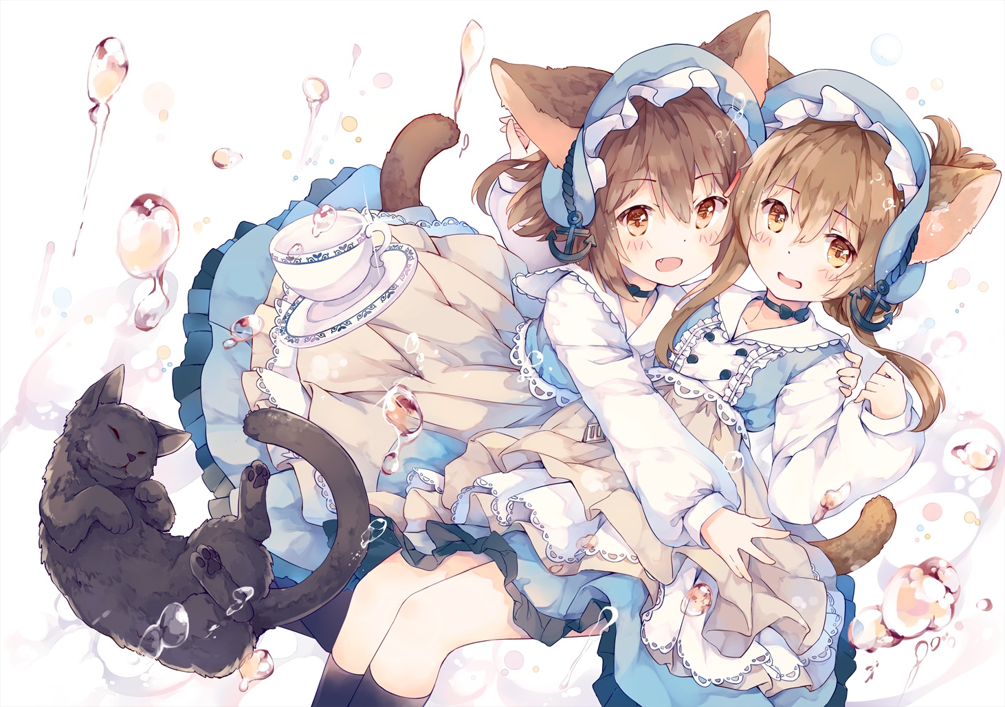 2girls, animal, animal_ears, anthropomorphism, blush, brown_eyes, brown_hair, bubbles