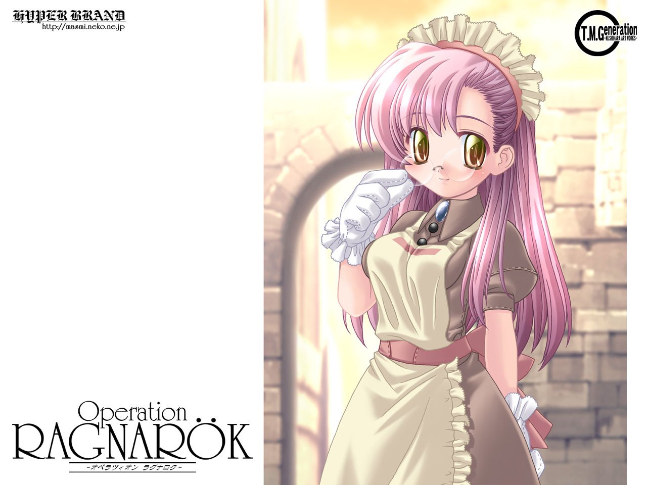 apron, bow, glasses, gloves, headdress, ishihara_masumi, jpeg_artifacts, kafra, long_hair, maid, pink_hair, ragnarok_online, yellow_eyes