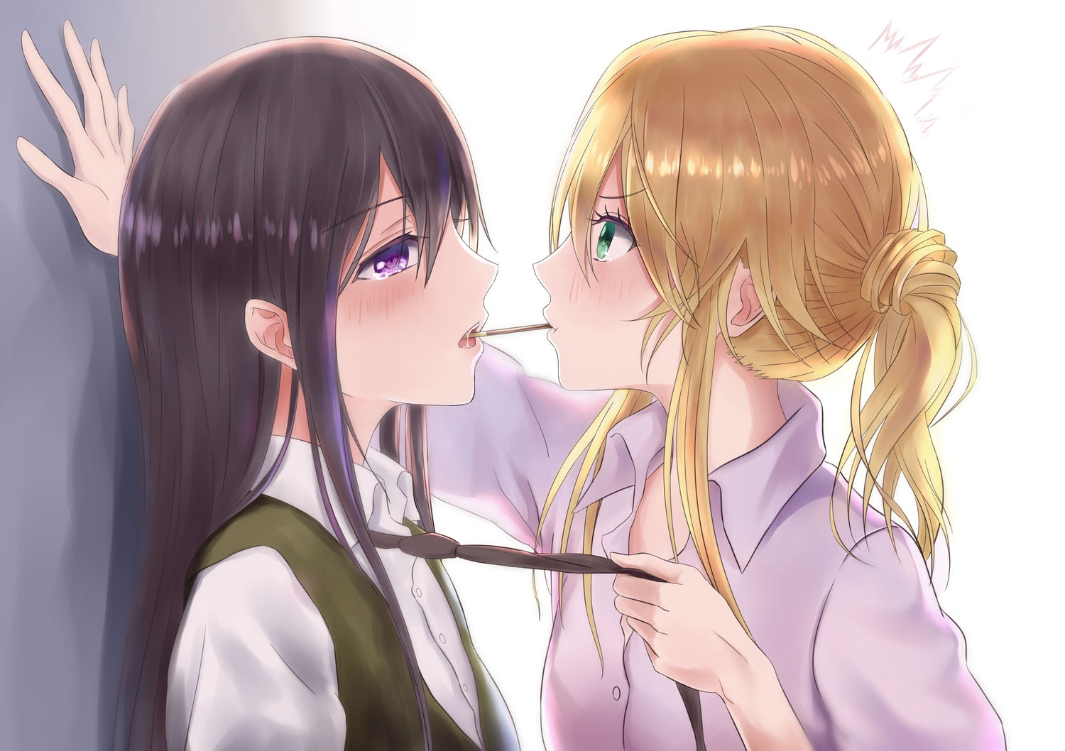 2girls, aihara_mei, aihara_yuzu_(citrus), black_hair, blonde_hair, blush, citrus_(saburouta), food, green_eyes, long_hair, pocky, ponytail, purple_eyes, shirt, shoujo_ai, tagme_(artist), tears