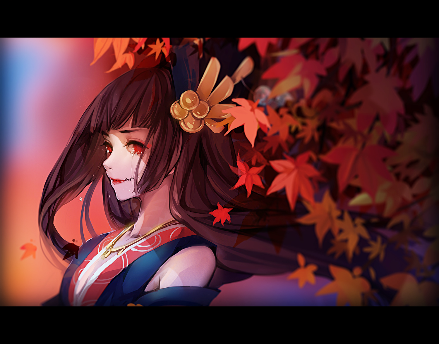 autumn, brown_hair, headdress, japanese_clothes, kimono, leaves, long_hair, momiji_(onmyouji), necklace, onmyouji, red_eyes, tagme_(artist), tears